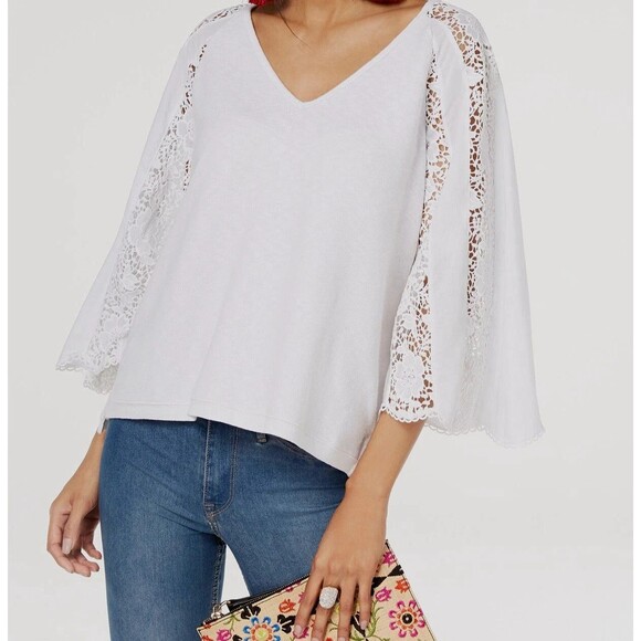 Boho-Chic Fairy Feminine Romantic White Lace Detail Knit Top by I.N.C. Large - Picture 1 of 8